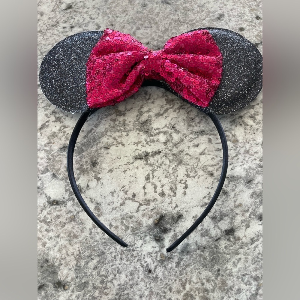 Disney Minnie Mouse Ears Headband Hot Pink Sparkle Shimmer Sequins